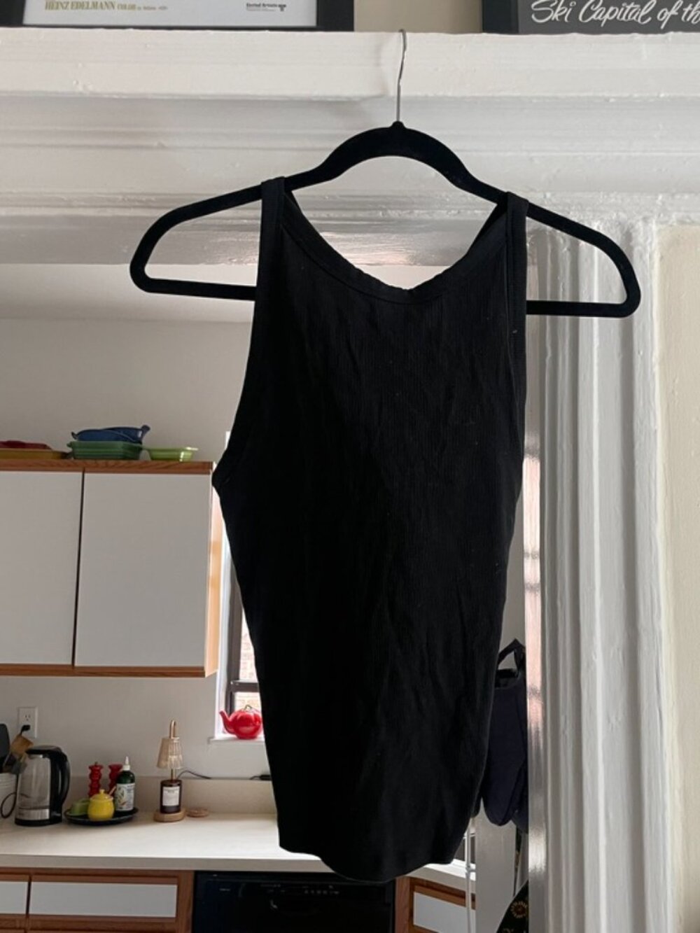 Outdoor Voices, black workout high-neck tank, built-in bra